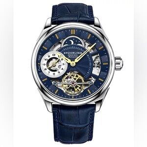 Stuhrling Men's Blue Automatic Skeleton Alligator Embossed Leather Watch 42mm